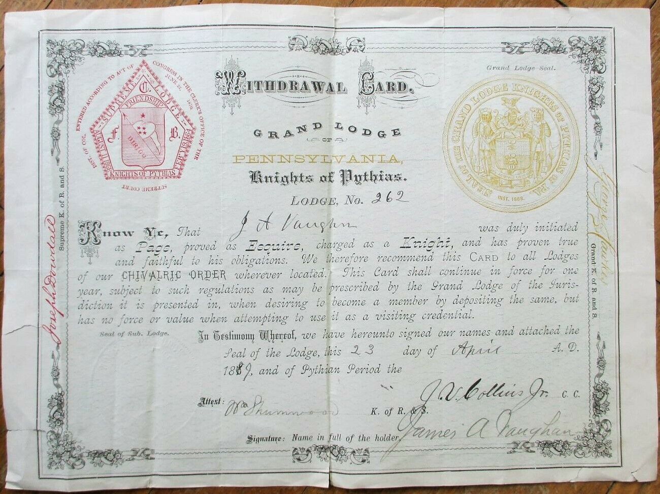 Knights Of Pythias 1889 'withdrawal Card' Color Document/certificate - Pa Penn
