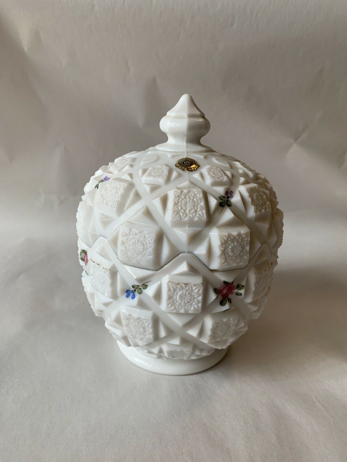 Westmoreland Old Quilt Rose Swag Hand Painted Milk Glass Covered Candy Dish