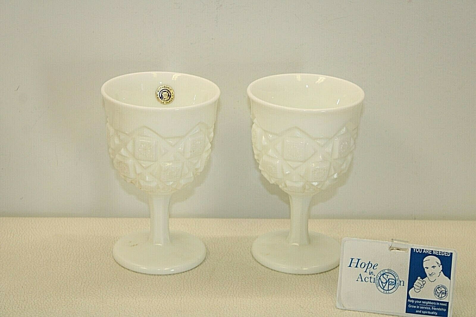 Set Of 2 Vintage Westmoreland Authentic Milk Glass Old Quilt Pattern Goblets