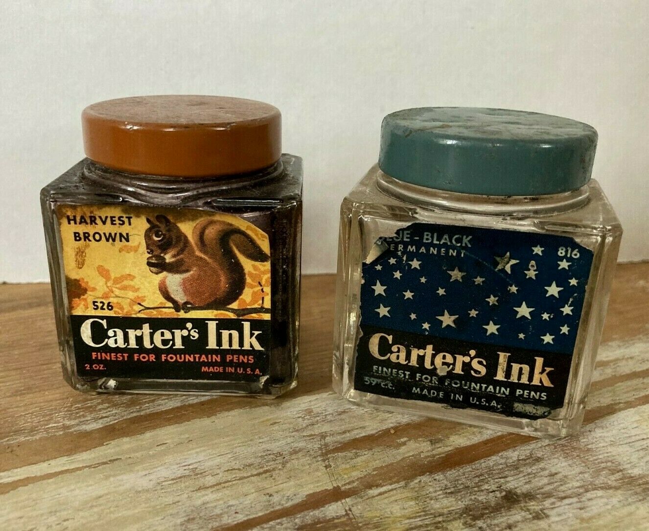 Vintage Cube Glass Ink Bottles Carter's Harvest Brown Blue-black Paper Label